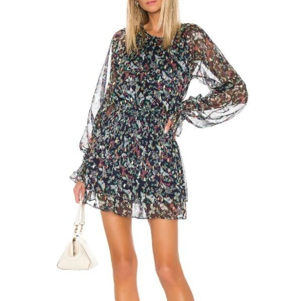 Tularosa Jaelyn Mini Dress Navy Butterfly Print Semi Sheer Flowy Boho Large NWT